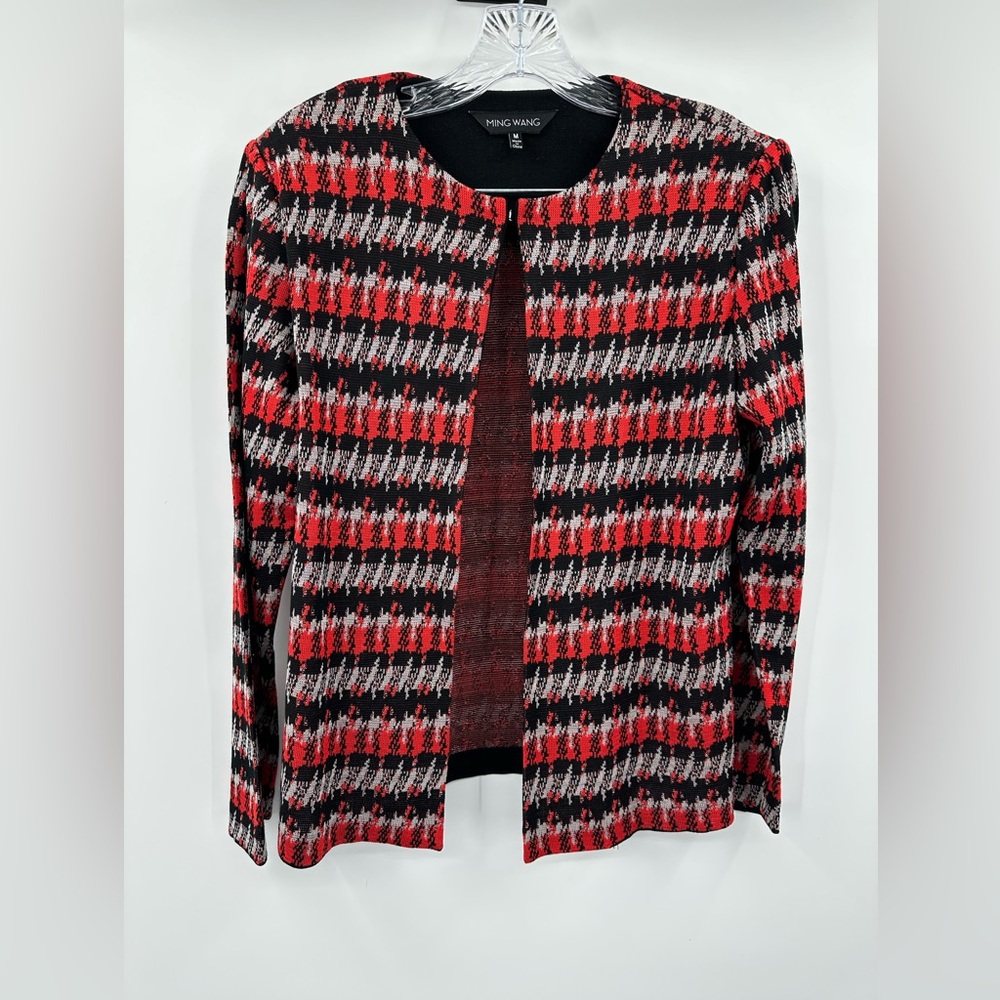 Ming Wang Red Black Pattern Knit Jacket Open Front Career Cardigan Size Medium